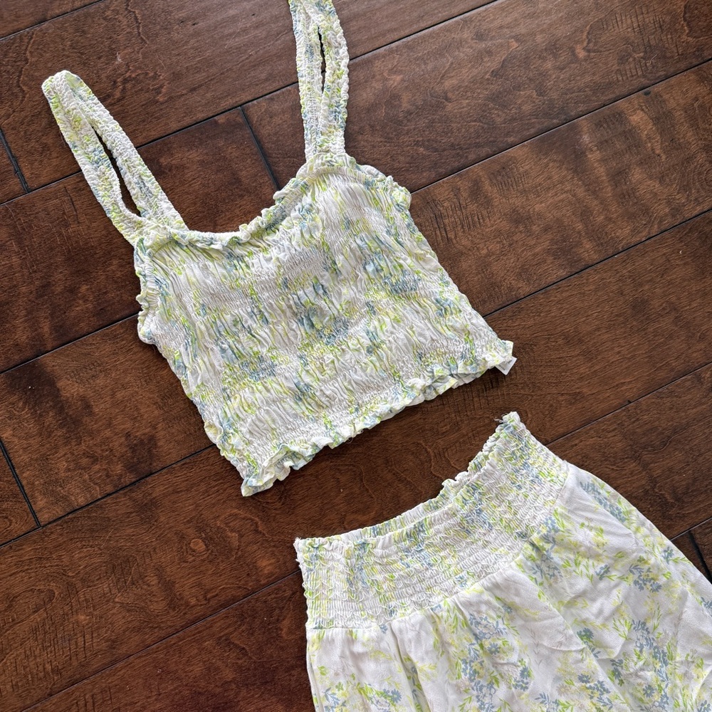 F21 Sz L Floral 2pc Set Maxi Skirt & Cropped Tank Smocked Cottagecore Green - Picture 4 of 8
